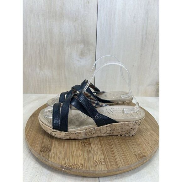 Crocs A-Leigh Plaid Leather Strap Cork Wedge Sandal Shoes Womens Size 7 - Picture 1 of 8